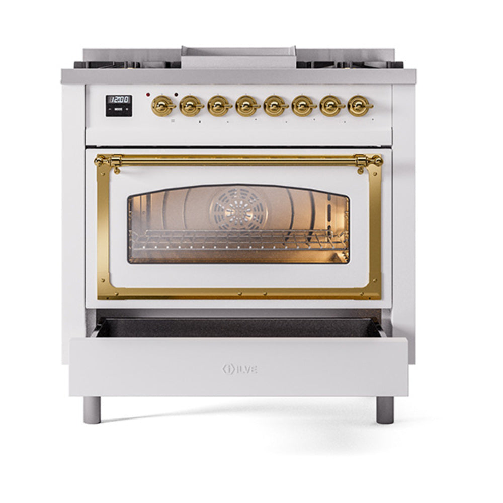 White dual-fuel gas range with brass-trim oven window and front drawer-style panel