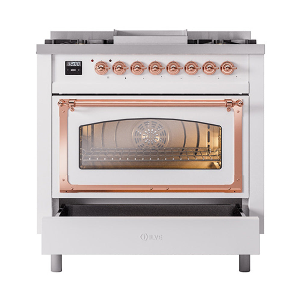 White dual fuel range with copper-trim glass oven door and control knob panel