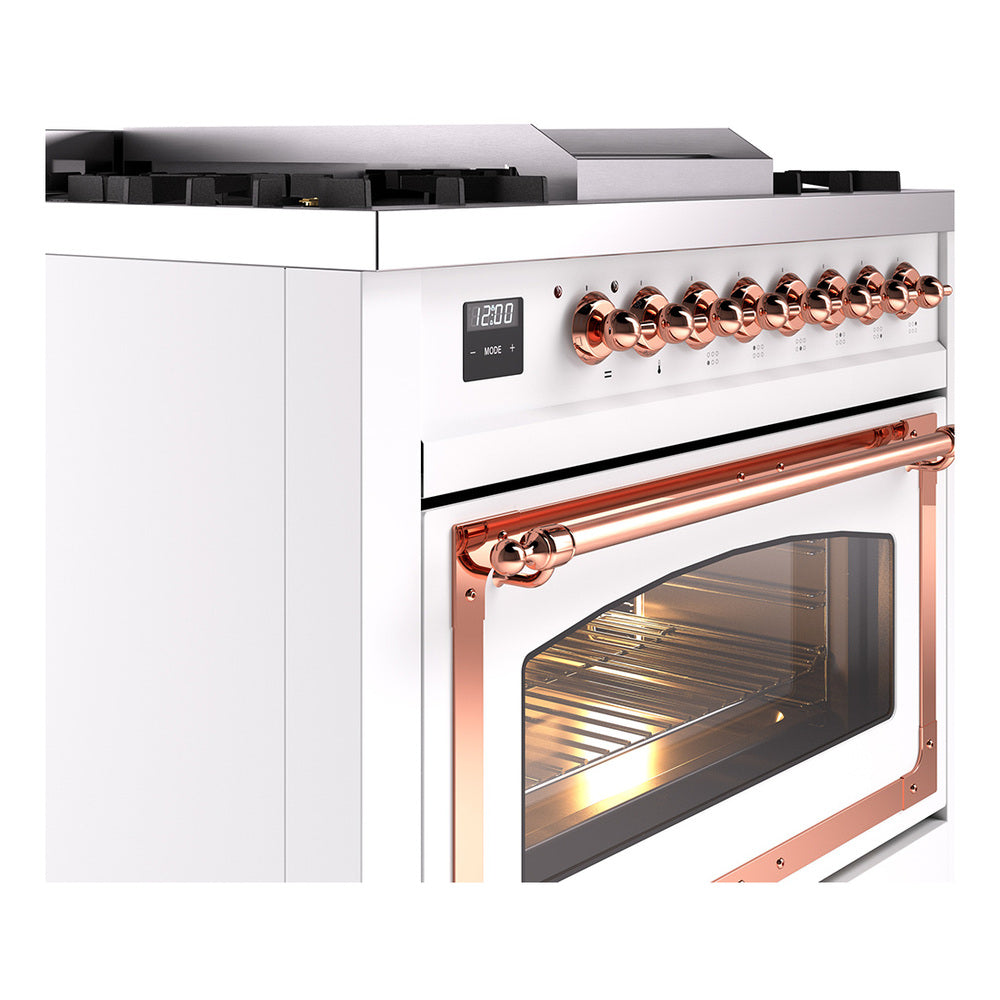 White range control panel with copper trim oven handle and black-glass oven door