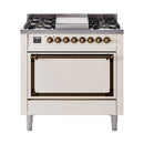 ILVE Nostalgie II Noblesse 36-Inch Natural Gas Dual Fuel Range and Solid Door Oven in Antique White with Bronze Trim (UN36FQNMPAWB)