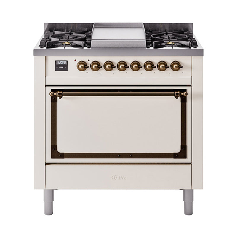 ILVE Nostalgie II Noblesse 36-Inch Dual Fuel Range and Solid Door Oven in Antique White with Bronze Trim (UN36FQNMPAWB)