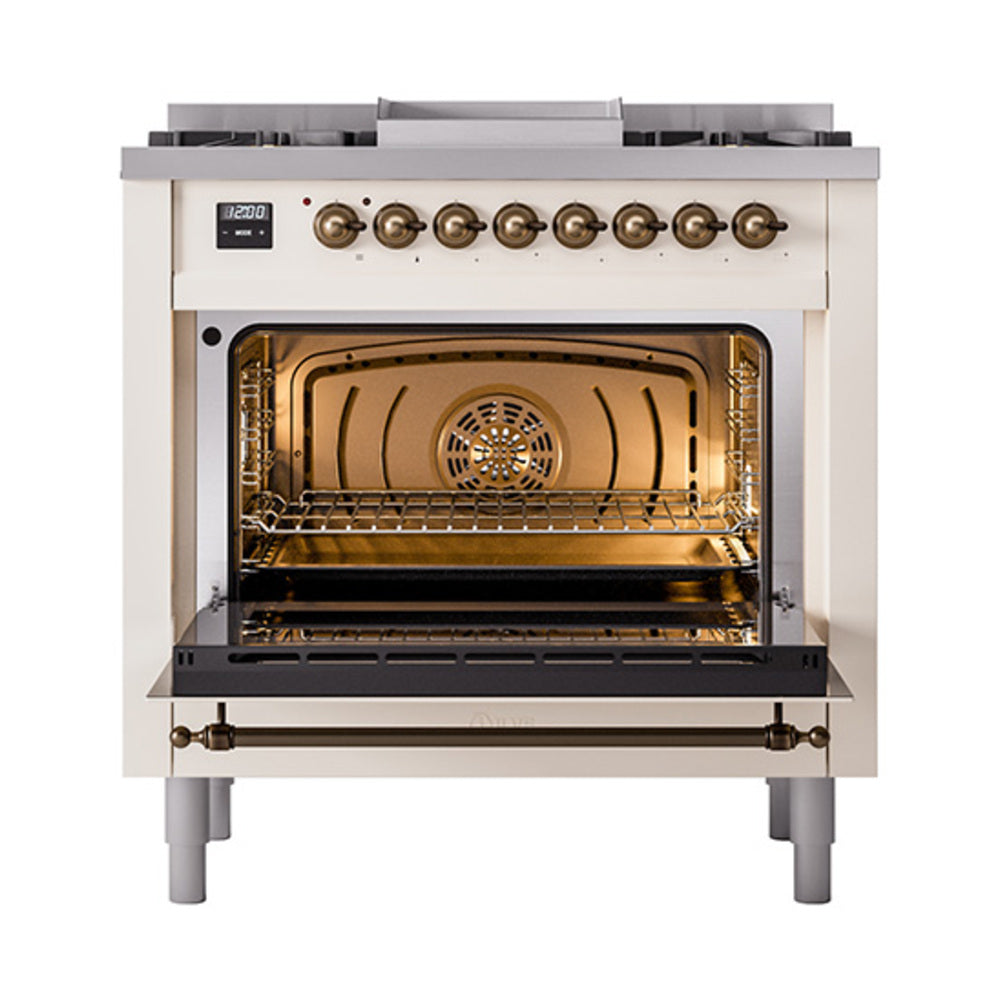 Antique white ILVE dual fuel range with open oven door and visible oven interior racks