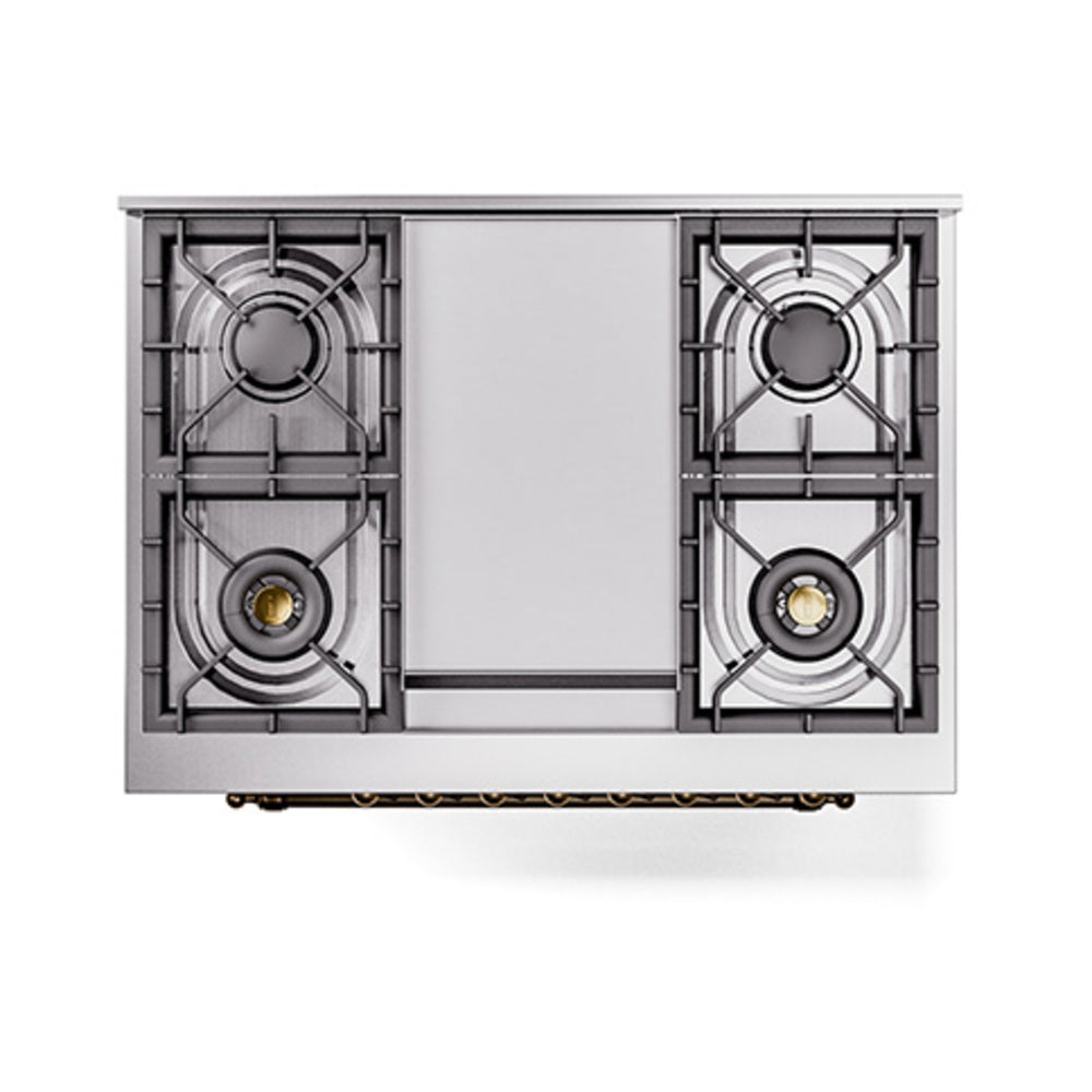Antique white dual fuel range top view with four burners and grate layout