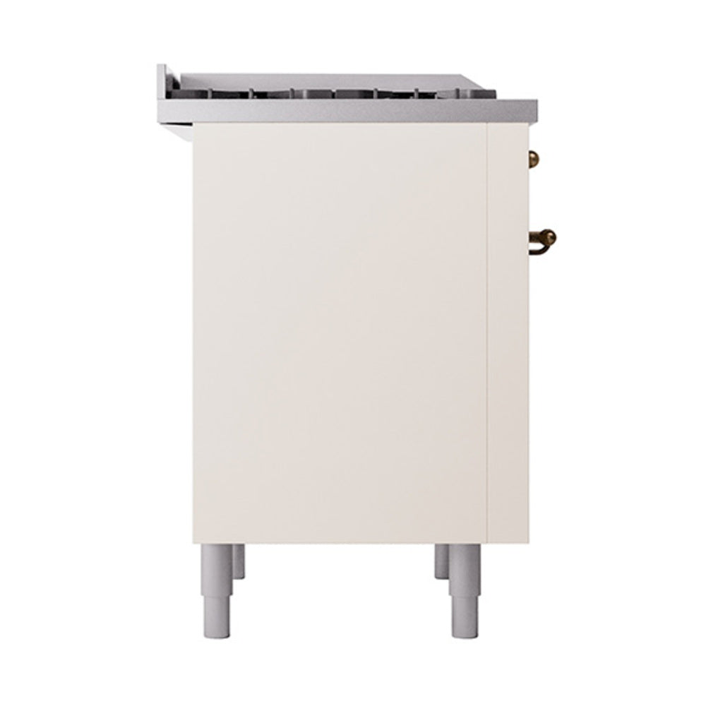 Antique white side panel of ILVE dual fuel range with bronze gas fittings