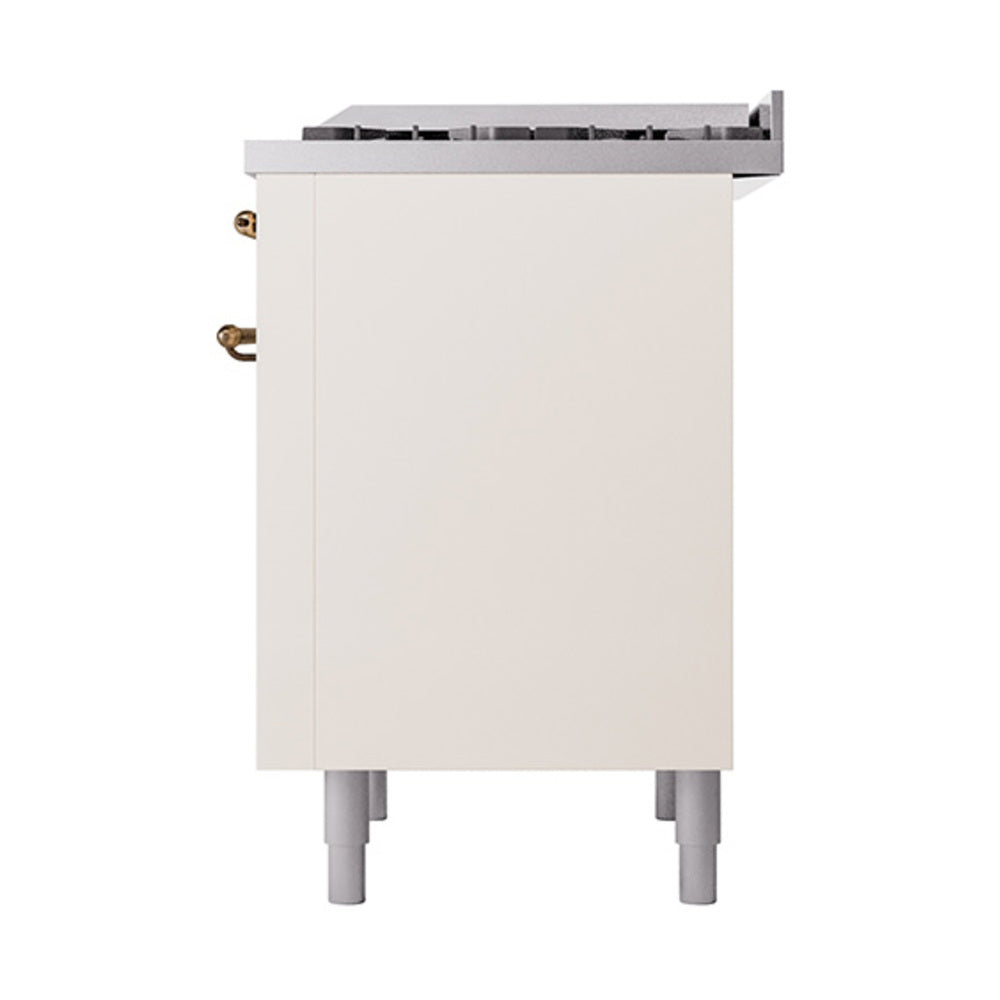 Antique white rear panel of ILVE dual fuel range with two bronze connectors