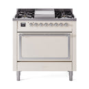 ILVE Nostalgie II Noblesse 36-Inch Propane Gas Dual Fuel Range and Solid Door Oven in Antique White with Chrome Trim (UN36FQNMPAWCLP)