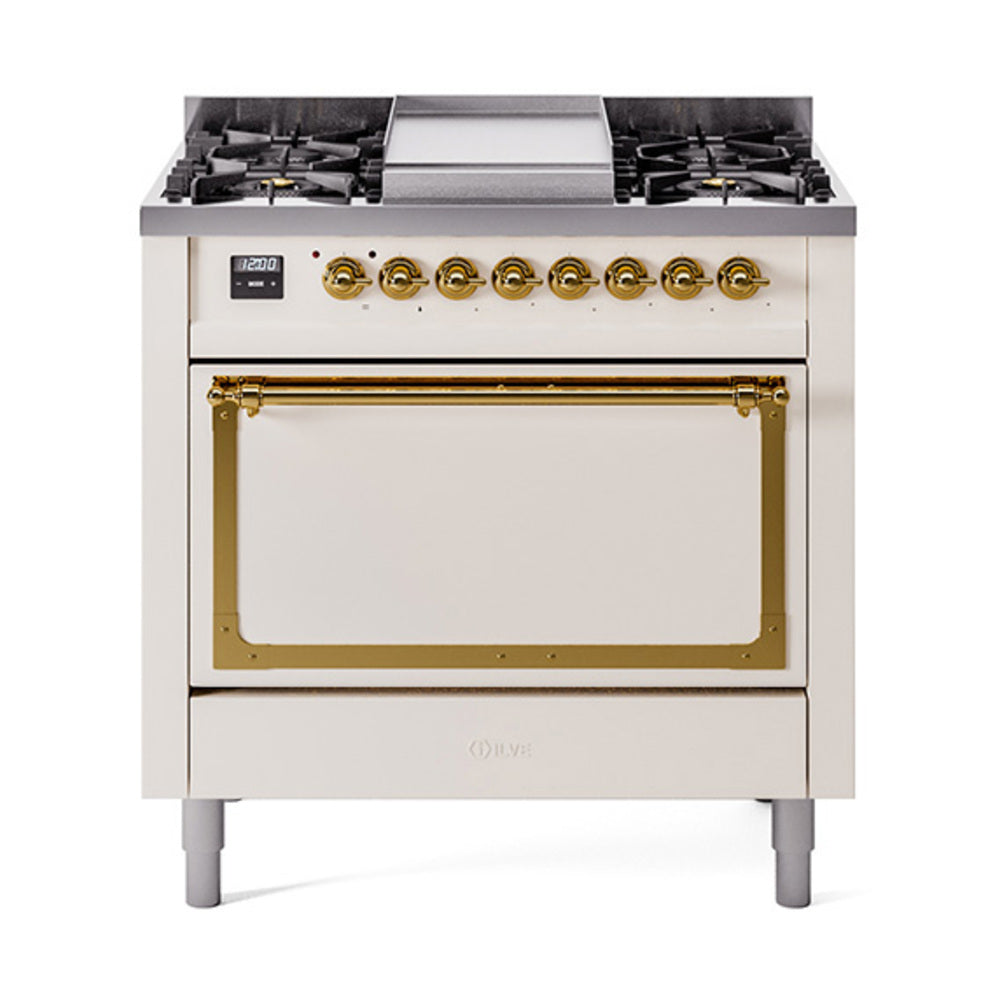 36-inch propane gas range with solid door oven, antique white with brass trim and knobs
