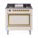 ILVE Nostalgie II Noblesse 36-Inch Propane Gas Dual Fuel Range and Solid Door Oven in Antique White with Brass Trim (UN36FQNMPAWGLP)