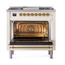 ILVE Nostalgie II Noblesse 36-Inch Propane Gas Dual Fuel Range and Solid Door Oven in Antique White with Brass Trim (UN36FQNMPAWGLP)