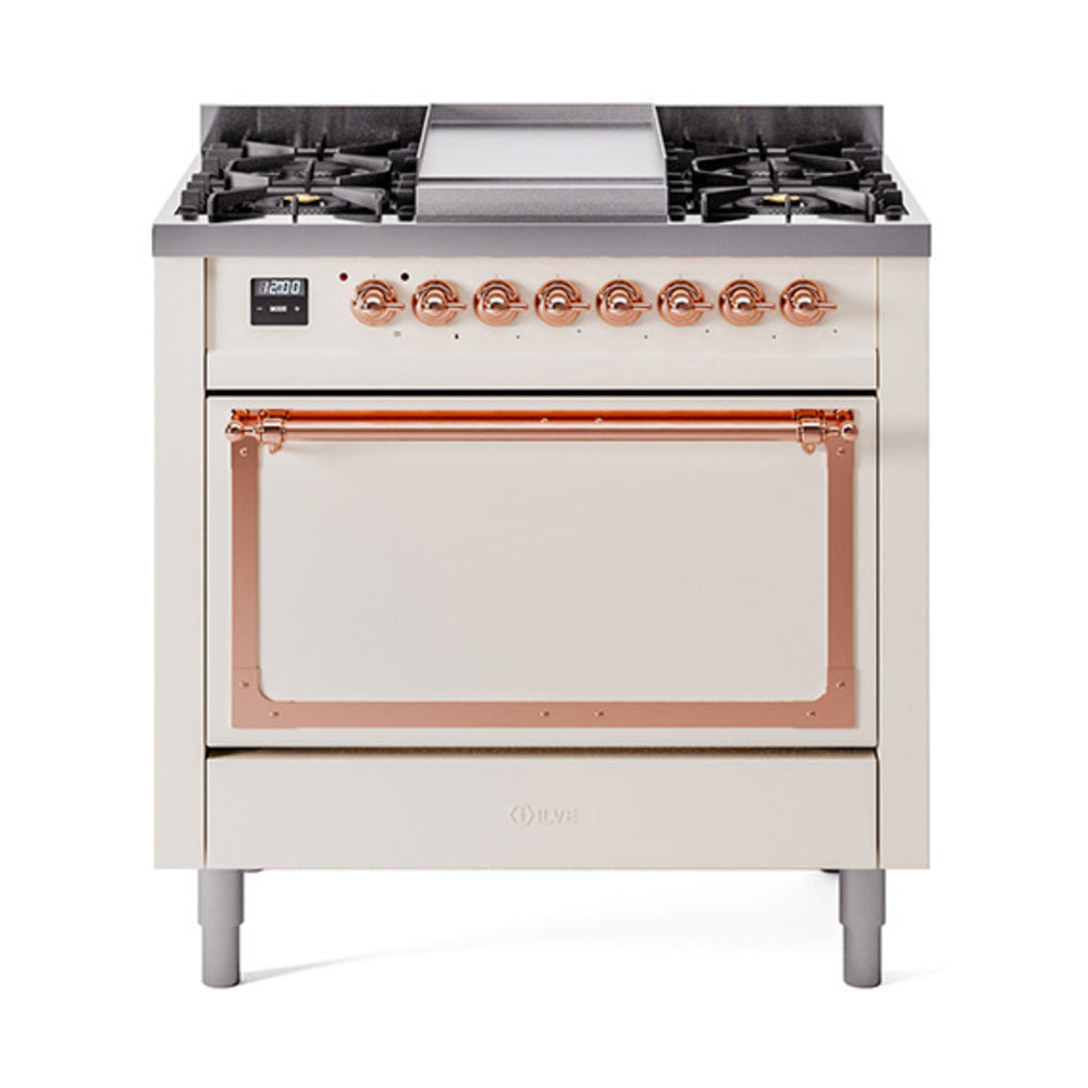 Antique white dual fuel range with copper trim and open solid door oven window