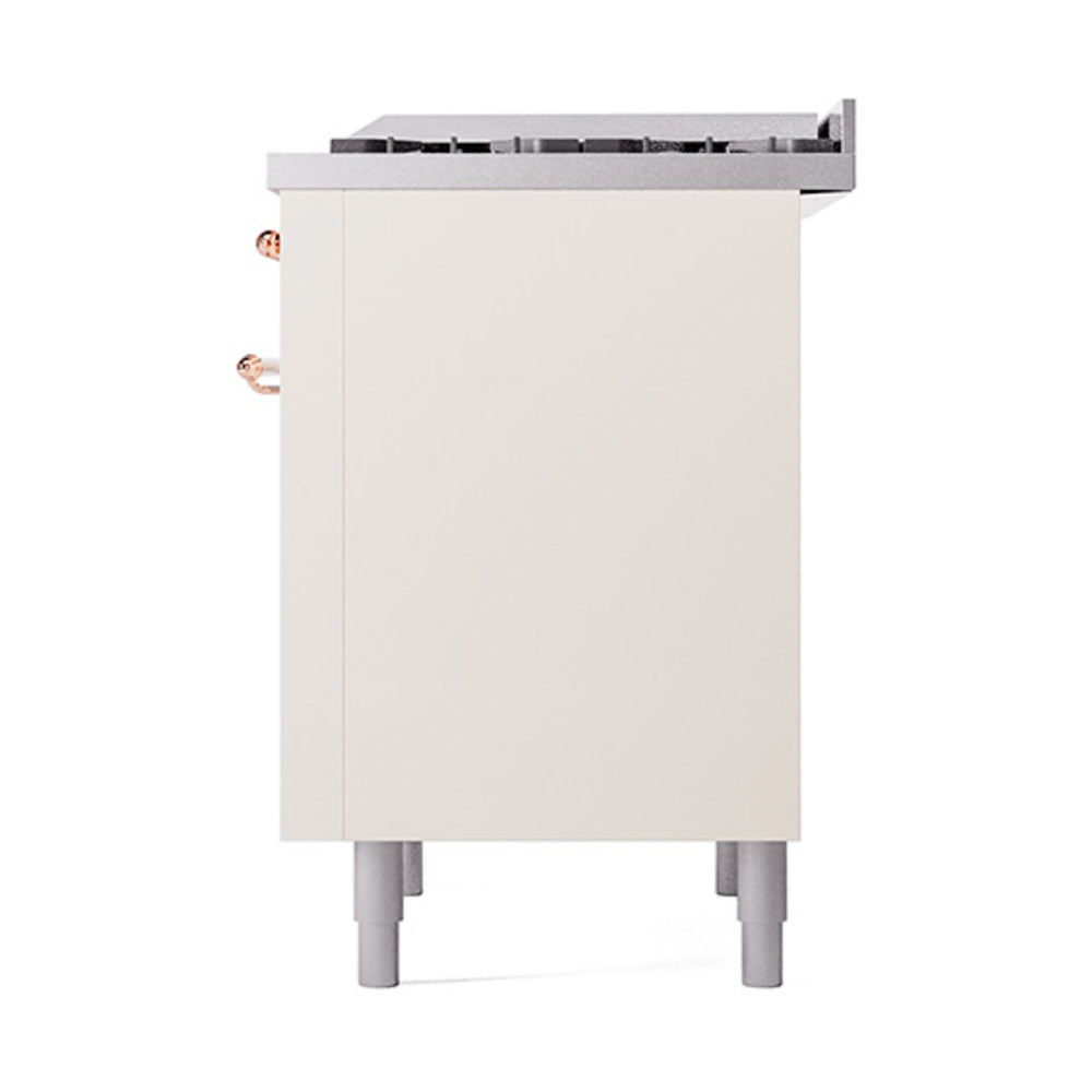 Antique white range side panel with copper fittings and top burner frame