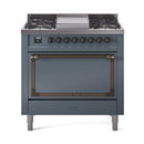 ILVE Nostalgie II Noblesse 36-Inch Natural Gas Dual Fuel Range and Solid Door Oven in Blue Grey with Bronze Trim (UN36FQNMPBGB)