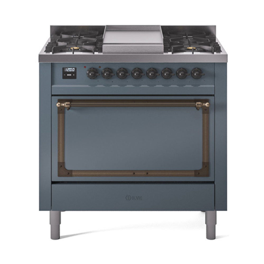 Blue gray 36-inch dual fuel range with solid oven door and bronze-trimmed handle