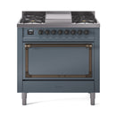 ILVE Nostalgie II Noblesse 36-Inch Propane Gas Dual Fuel Range and Solid Door Oven in Blue Grey with Bronze Trim (UN36FQNMPBGBLP)
