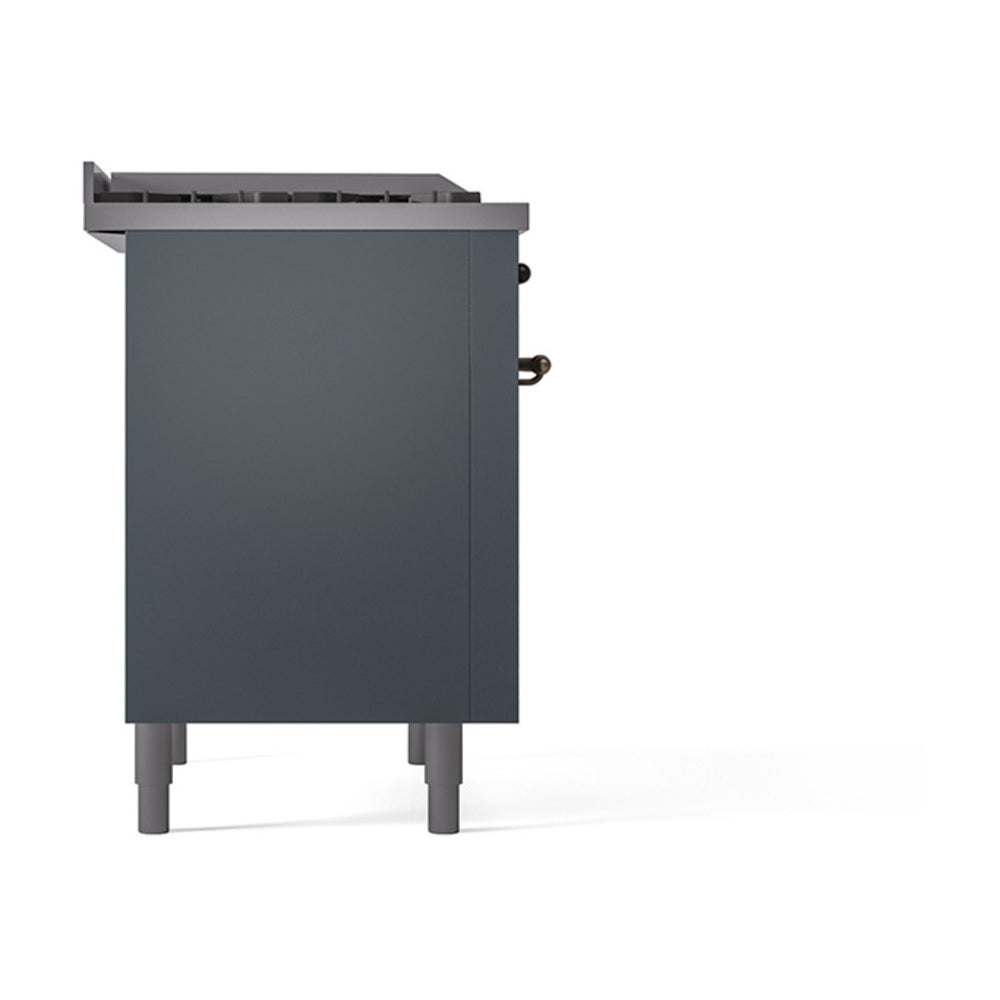 Blue gray range side panel with visible control knobs and back trim
