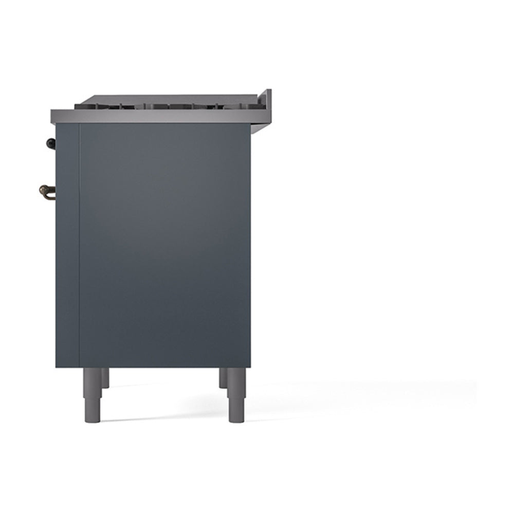 Blue-grey rear side panel of dual fuel range with control knobs visible