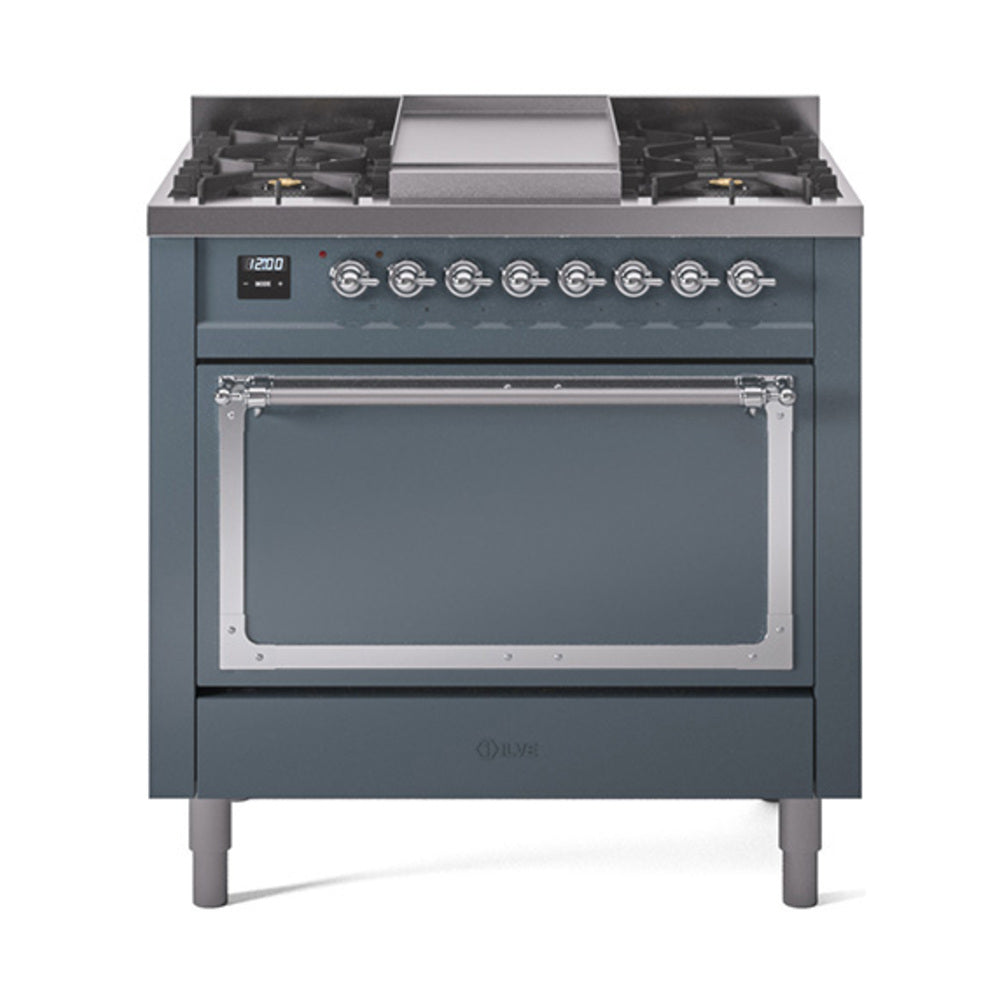 Blue grey gas dual fuel range with solid oven door and chrome trim