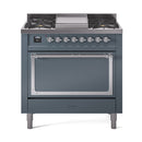 ILVE Nostalgie II Noblesse 36-Inch Natural Gas Dual Fuel Range and Solid Door Oven in Blue Grey with Chrome Trim (UN36FQNMPBGC)