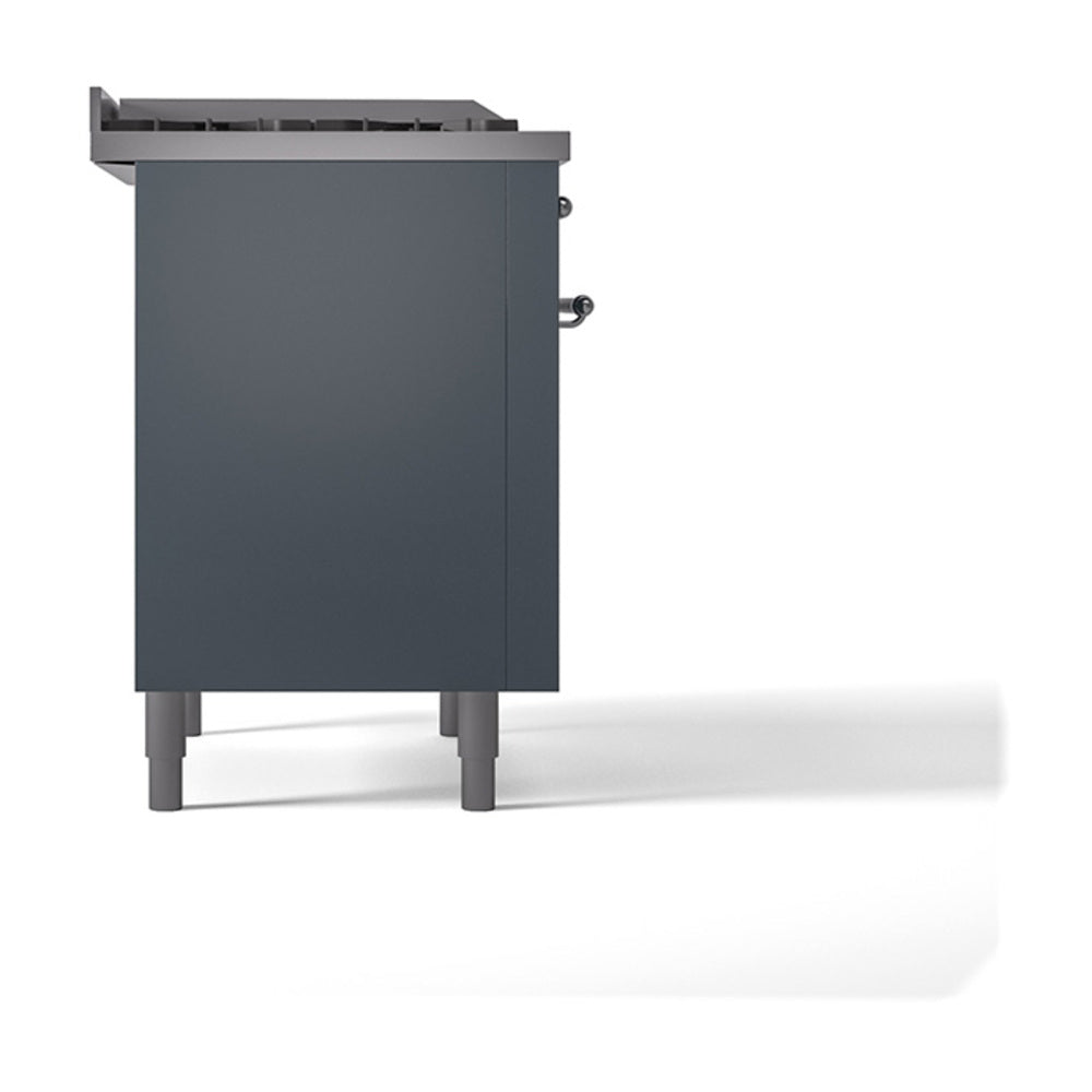 Blue grey range with side panel, control knobs, and four leveling legs