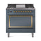 ILVE Nostalgie II Noblesse 36-Inch Dual Fuel Range and Solid Door Oven in Midnight Blue with Brass Trim (UN36FQNMPMBG)