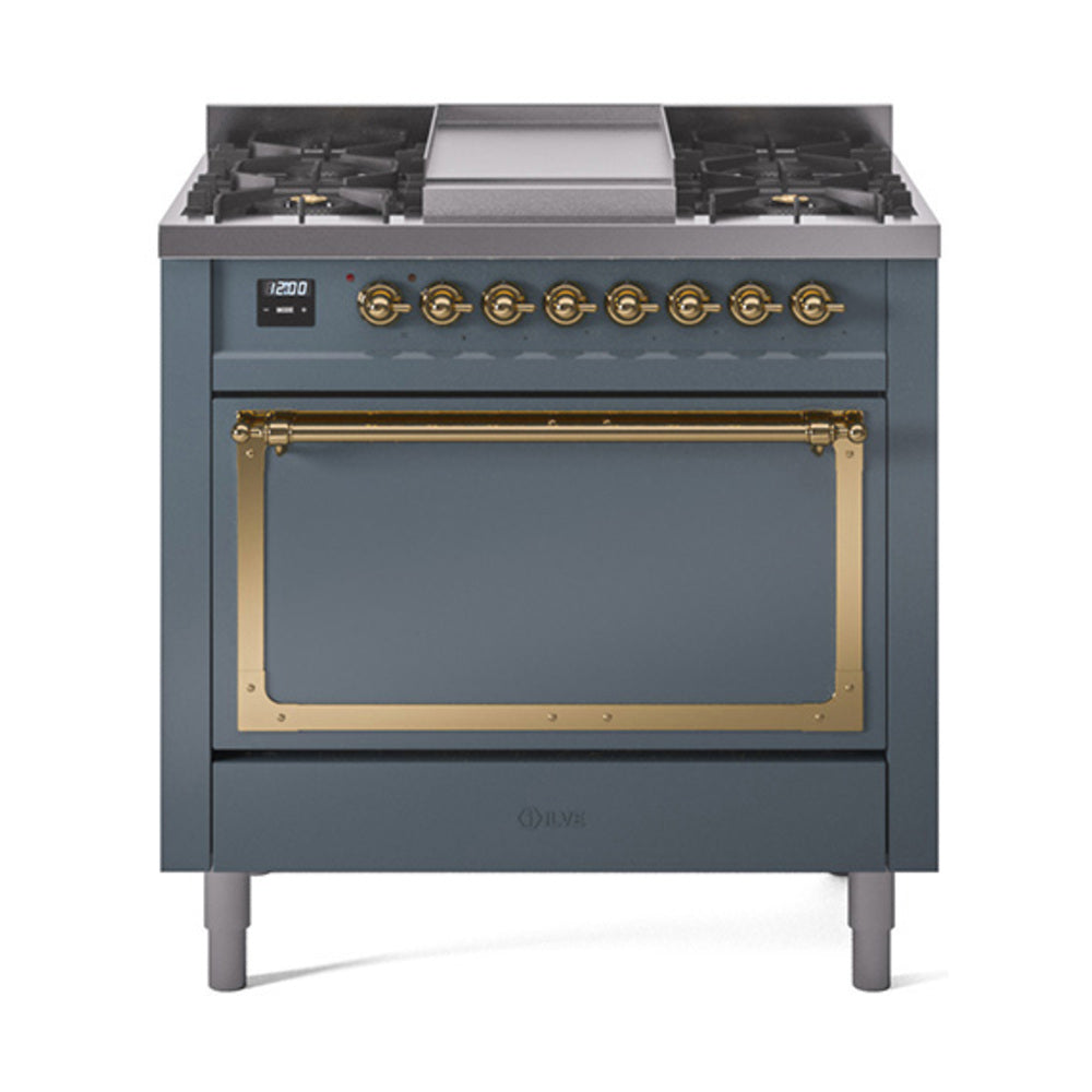 ILVE 36-inch dual fuel range in midnight blue with brass-trimmed solid oven door