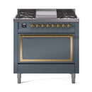 ILVE Nostalgie II Noblesse 36-Inch Propane Gas Dual Fuel Range and Solid Door Oven in Midnight Blue with Brass Trim (UN36FQNMPMBGLP)