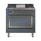ILVE Nostalgie II Noblesse 36-Inch Propane Gas Dual Fuel Range and Solid Door Oven in Midnight Blue with Brass Trim (UN36FQNMPMBGLP)