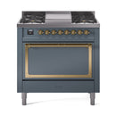 ILVE Nostalgie II Noblesse 36-Inch Natural Gas Dual Fuel Range and Solid Door Oven in Blue Grey with Brass Trim (UN36FQNMPBGG)