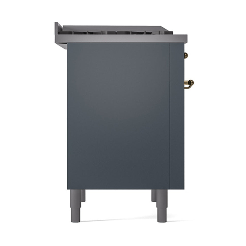 ILVE dual fuel range side panel with brass control knobs, blue-gray finish