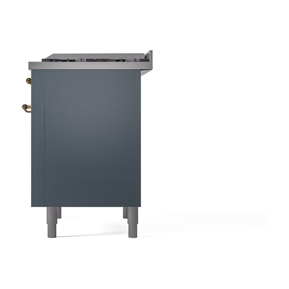 Blue grey dual fuel range angled side view with brass handle hardware and oven door
