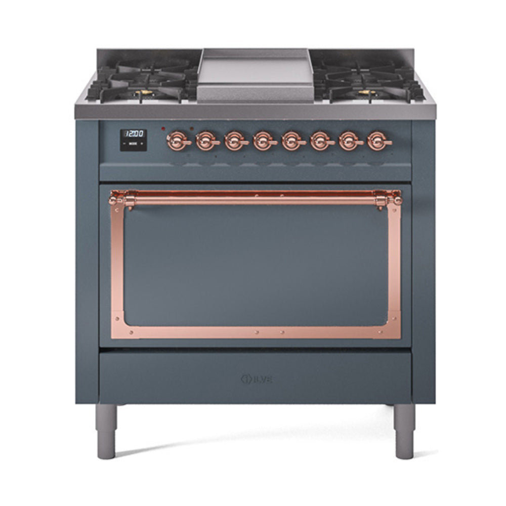 Blue grey dual fuel range with copper-trimmed solid door and control panel, front view.