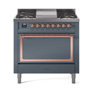ILVE Nostalgie II Noblesse 36-Inch Natural Gas Dual Fuel Range and Solid Door Oven in Blue Grey with Copper Trim (UN36FQNMPBGP)