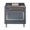ILVE Nostalgie II Noblesse 36-Inch Natural Gas Dual Fuel Range and Solid Door Oven in Blue Grey with Copper Trim (UN36FQNMPBGP)