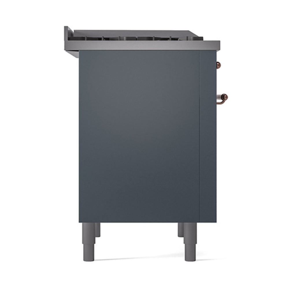 Dual fuel range solid oven door panel in blue-grey with copper handle accents