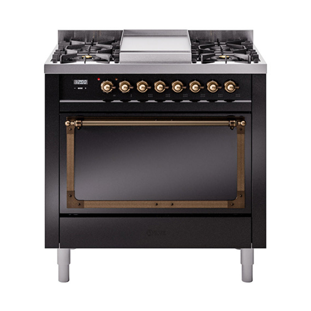 Glossy black dual fuel gas range with bronze control knobs and open solid oven door