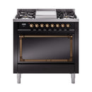 ILVE Nostalgie II Noblesse 36-Inch Propane Gas Dual Fuel Range and Solid Door Oven in Glossy Black with Bronze Trim (UN36FQNMPBKBLP)