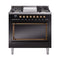 ILVE Nostalgie II Noblesse 36-Inch Dual Fuel Range and Solid Door Oven in Glossy Black with Bronze Trim (UN36FQNMPBKB)