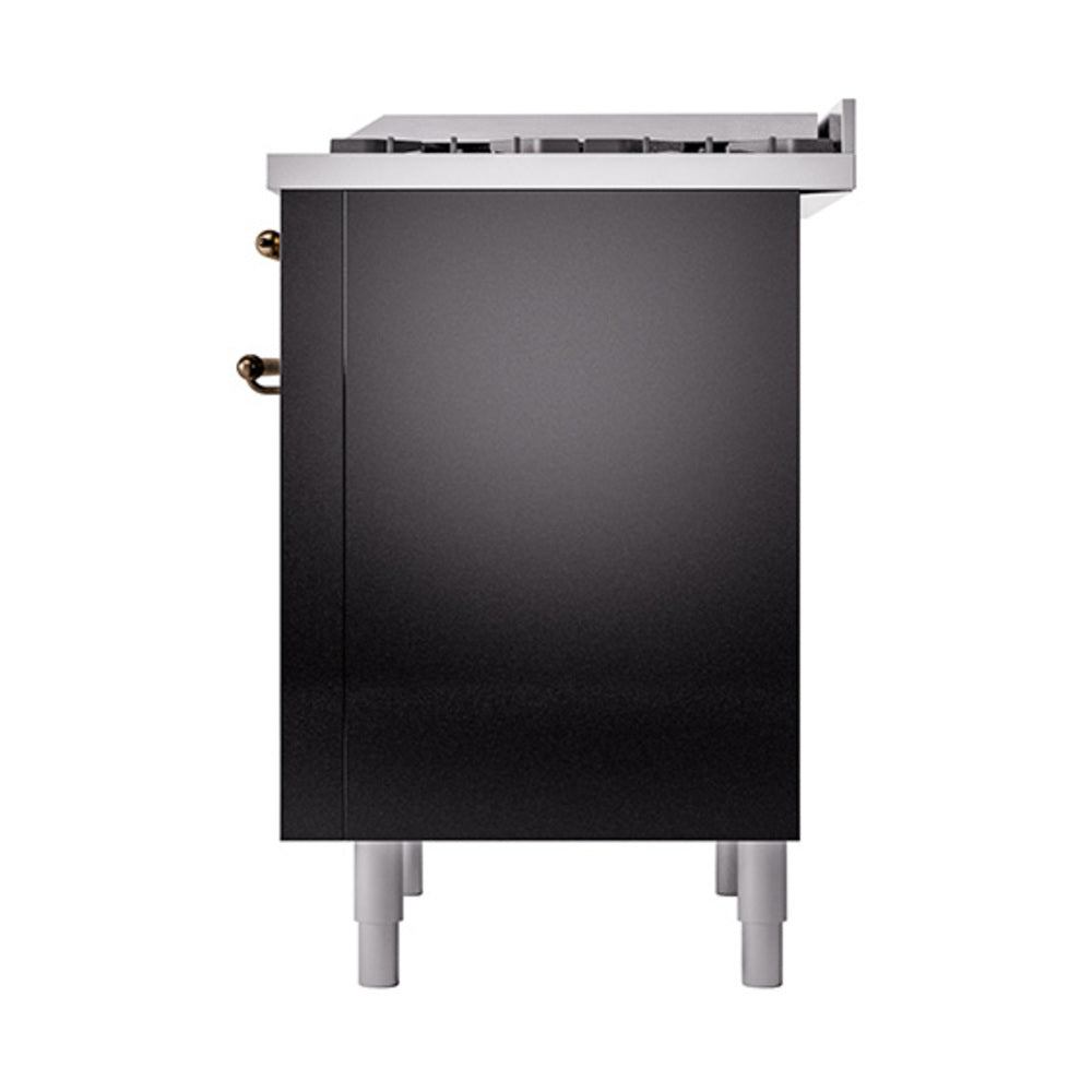 Glossy black range oven door with bronze hinge details and countertop trim