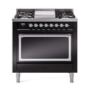 ILVE Nostalgie II Noblesse 36-Inch Natural Gas Dual Fuel Range and Solid Door Oven in Glossy Black with Chrome Trim (UN36FQNMPBKC)