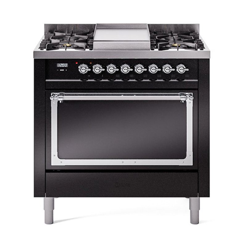 ILVE Nostalgie II Noblesse 36-Inch Dual Fuel Range and Solid Door Oven in Glossy Black with Chrome Trim (UN36FQNMPBKC)