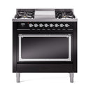 ILVE Nostalgie II Noblesse 36-Inch Propane Gas Dual Fuel Range and Solid Door Oven in Glossy Black with Chrome Trim (UN36FQNMPBKCLP)