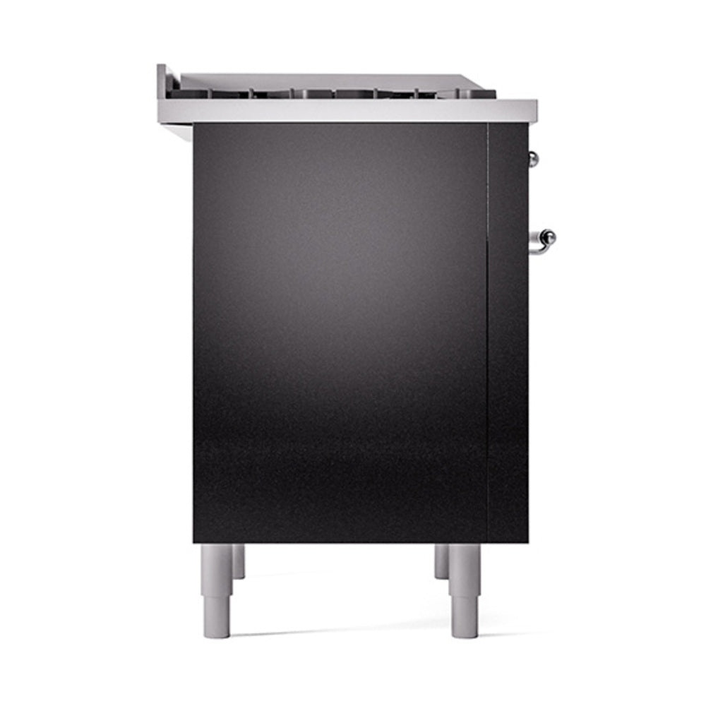 ILVE dual-fuel range solid oven door panel in glossy black with chrome handle details