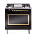 ILVE Nostalgie II Noblesse 36-Inch Propane Gas Dual Fuel Range and Solid Door Oven in Glossy Black with Brass Trim (UN36FQNMPBKGLP)