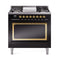 ILVE Nostalgie II Noblesse 36-Inch Propane Gas Dual Fuel Range and Solid Door Oven in Glossy Black with Brass Trim (UN36FQNMPBKGLP)