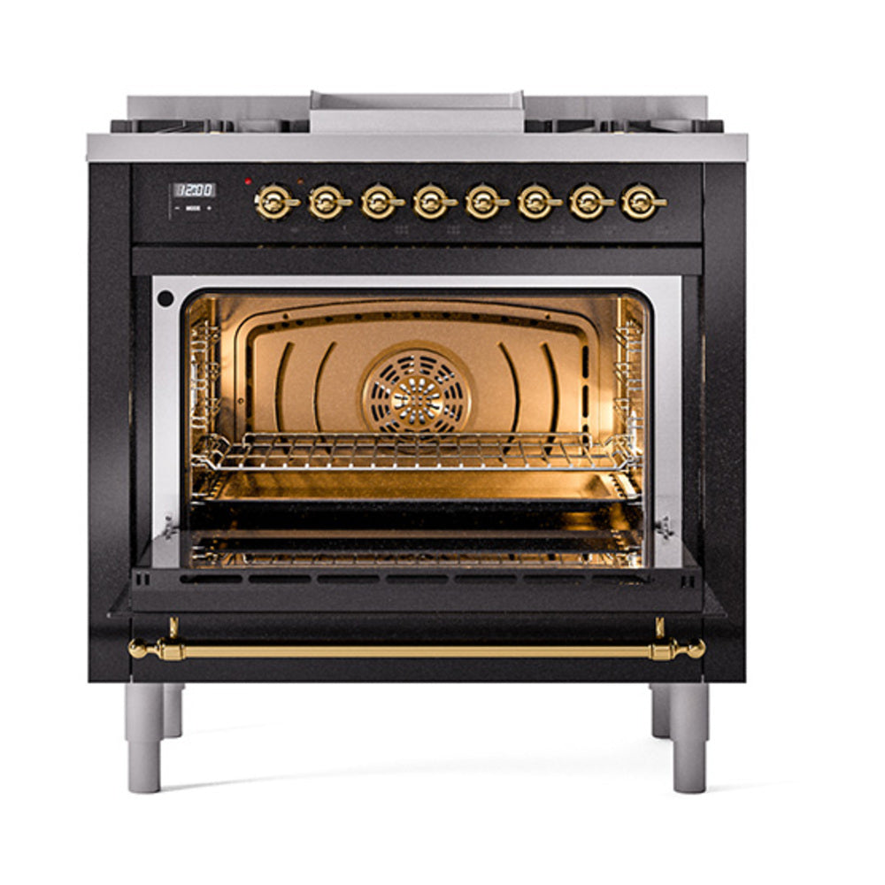 Glossy black dual-fuel range oven with brass-trim open solid door and interior racks