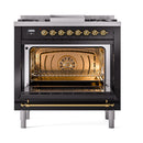 ILVE Nostalgie II Noblesse 36-Inch Propane Gas Dual Fuel Range and Solid Door Oven in Glossy Black with Brass Trim (UN36FQNMPBKGLP)