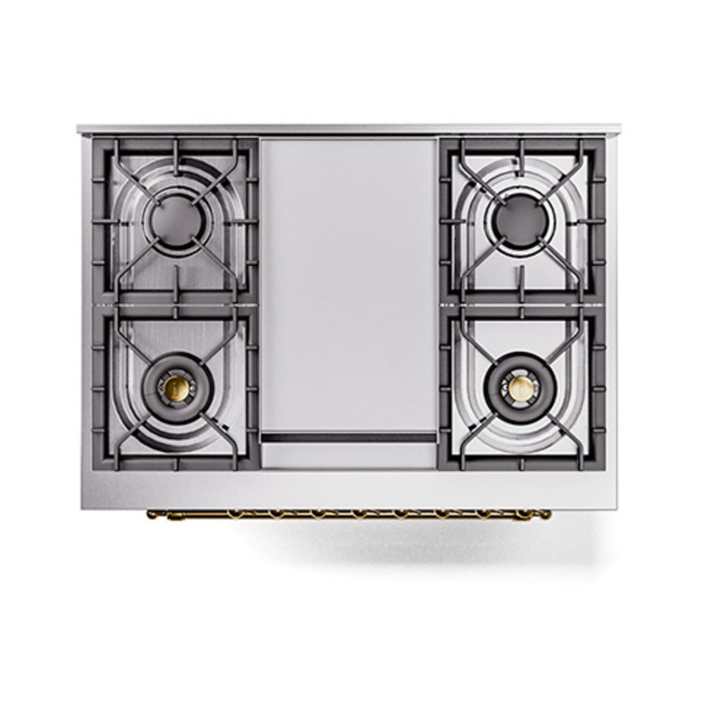 Dual-fuel range cooktop burner layout with two gas burners and metal grates