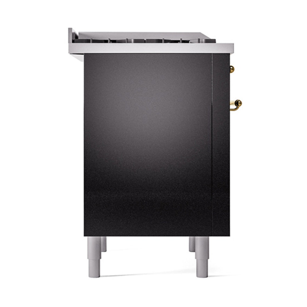 Glossy black range side panel with brass hinge knobs and sturdy base legs