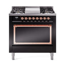 ILVE Nostalgie II Noblesse 36-Inch Natural Gas Dual Fuel Range and Solid Door Oven in Glossy Black with Copper Trim (UN36FQNMPBKP)