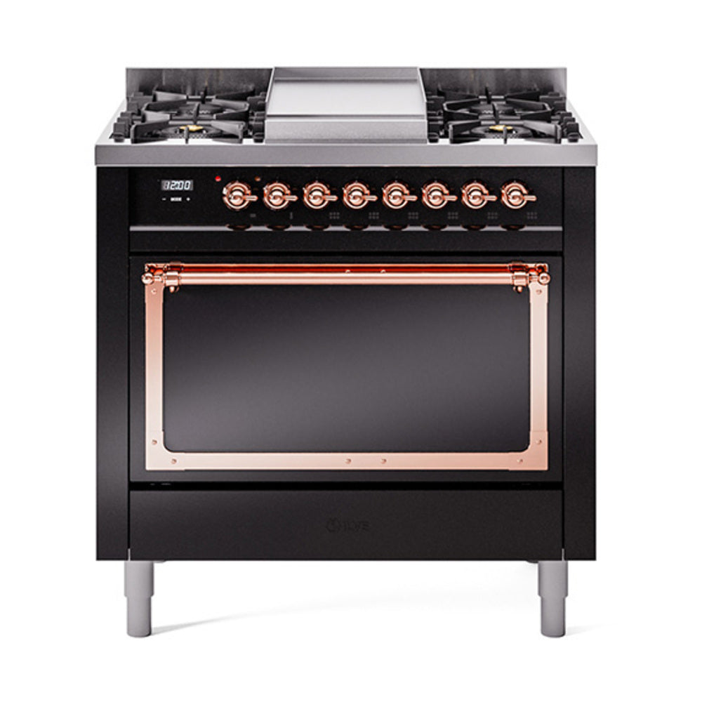 Glossy black dual fuel range with copper-trim solid oven door and control knobs